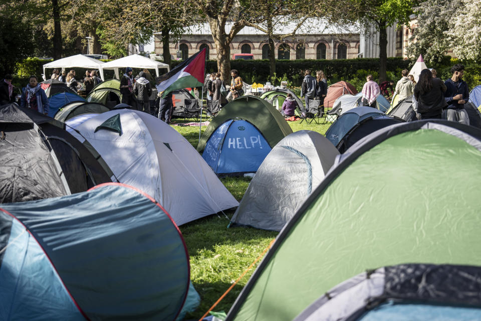 Students protest against Gaza war in a tent camp at the University of Copenhagen's City Campus, in Copenhagen Denmark, Tuesday May 7, 2024. The tent camp, which is part of a pro-Palestinians demonstration, was established on Monday. (Mads Claus Rasmussen/Ritzau Scanpix via AP)