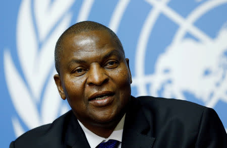 FILE PHOTO: Faustin-Archange Touadera, President of the Central African Republic, addresses a news conference at the Untied Nations in Geneva, Switzerland September 27, 2017. REUTERS/Denis Balibouse/File Photo