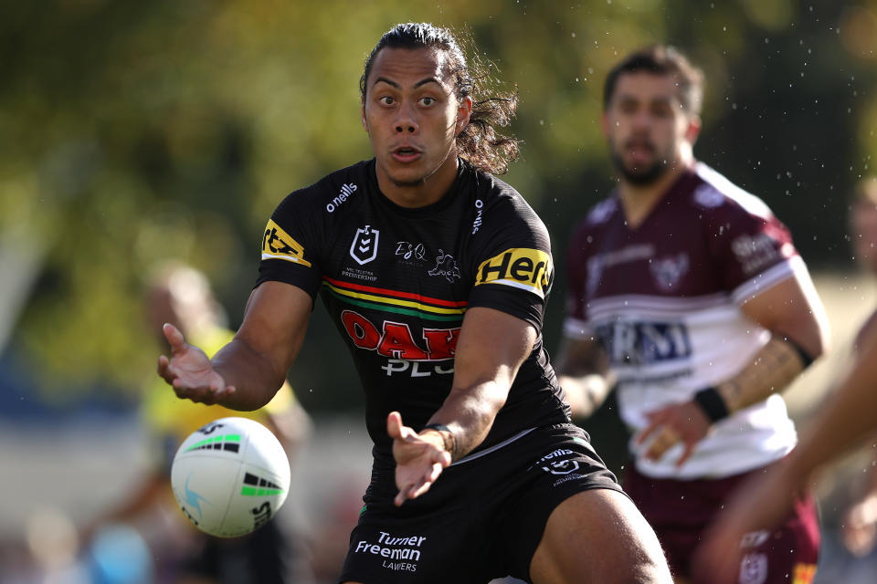 Jarome Luai (pictured) offloads the ball during the round eight NRL match between the Penrith Panthers and the Manly Warringah Sea Eagles at Carrington Park on May 01, 2021, in Bathurst, Australia.