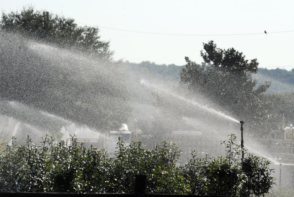 Sprinklers spray water on plants at Green Valley Farms, a commercial nursery in Montevallo, Ala., on Thursday, Sept. 26, 2019. Weeks of dry, hot weather across the Deep South have worsened a drought that a federal assessment says is affecting more than 11 million people across five states. (AP Photo/Jay Reeves)
