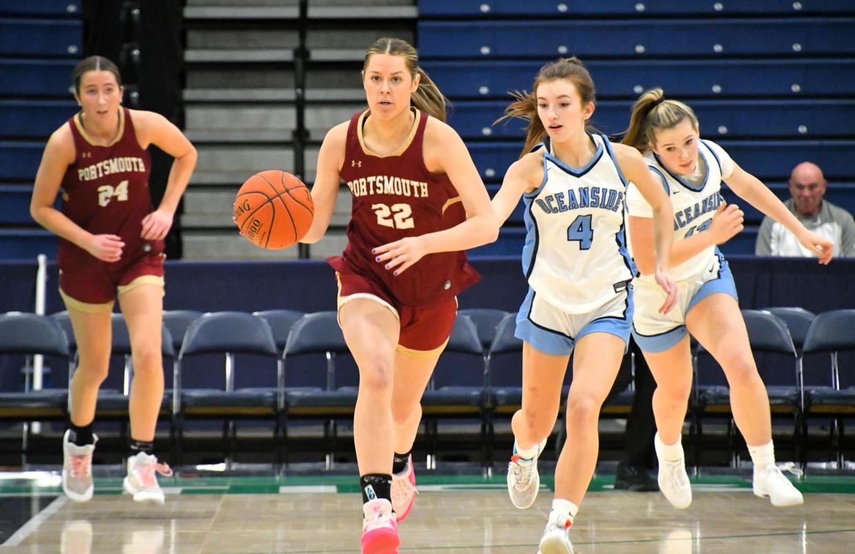 Portsmouth’s Mackenzie Lombardi, center, pushes the ball up the floor with Oceanside’s Ryley Beaudry at her side during the Varsity Maine Holiday Hoops Showcase Thursday at the Portland Expo.