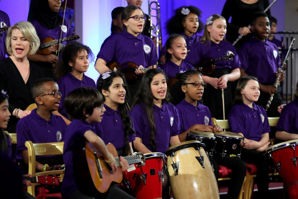 LONDON, ENGLAND - MARCH 09: A school choir performs as Catherine, Duchess of Cambridge hosts a Gala Dinner in celebration of the 25th anniversary of Place2Be at Buckingham Palace on March 09, 2020 in London, England. The Duchess is Patron of Place2Be, which provides emotional support at an early age and believes no child should face mental health difficulties alone. (Photo by Chris Jackson - WPA Pool/Getty Images)