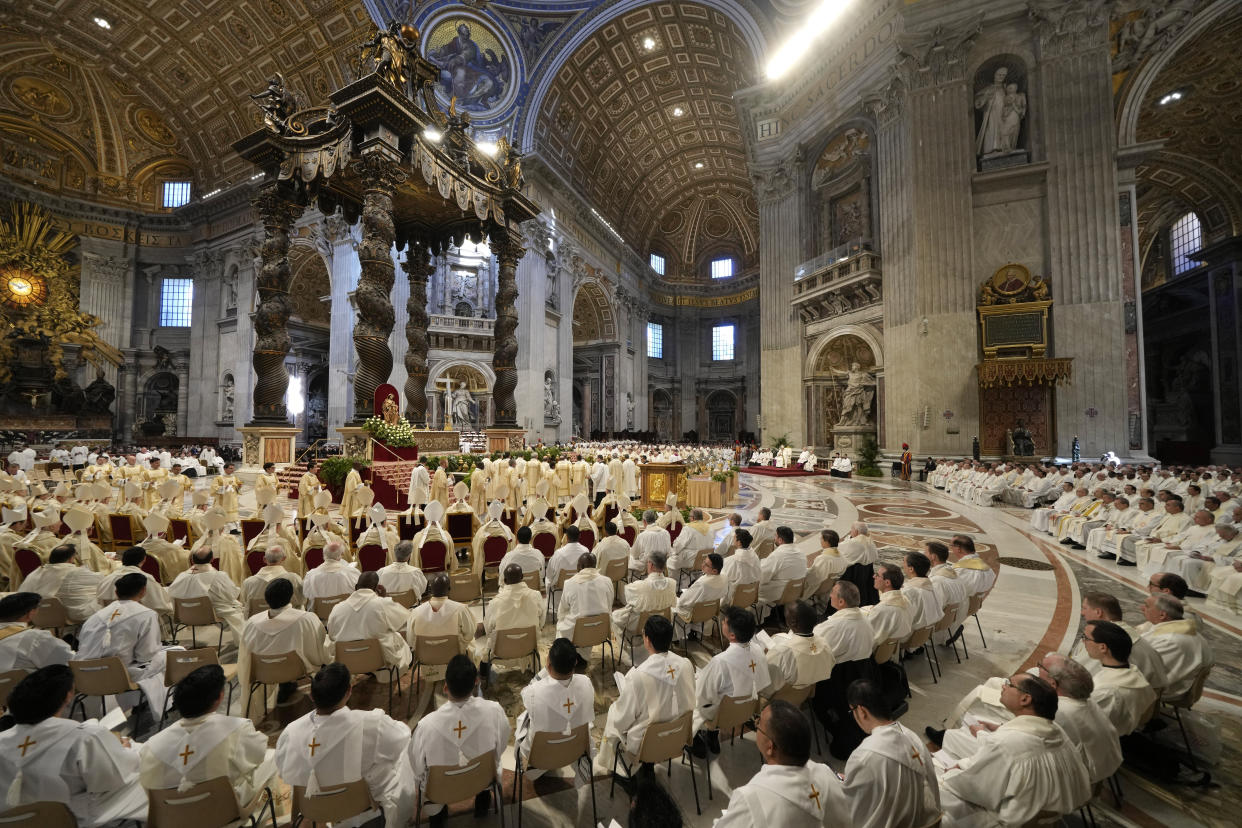 Pope Francis celebrates the Chrism Mass where the chrism, the oil of the catechumens and the oil of the sick are consecrated, and all the priests renew the promises made on the day of their ordination, inside St. Peter's Basilica, at the Vatican, Thursday, April 6, 2023. (AP Photo/Andrew Medichini)