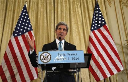 U.S. Secretary of State John Kerry speaks about the Ukraine crisis after his meetings with other foreign ministers in Paris, March 5, 2014. Kerry spoke to reporters at the U.S. ambassador's residence in Paris. REUTERS/Kevin Lamarque