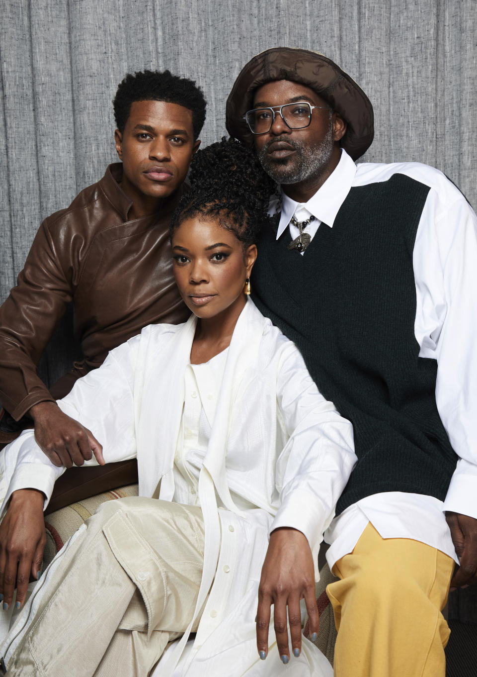 Jeremy Pope, from left, Gabrielle Union and Elegance Bratton pose for a portrait to promote "The Inspection" on Friday, Oct. 14, 2022, in New York. (Photo by Matt Licari/Invision/AP)