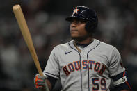 Houston Astros starting pitcher Framber Valdez reacts after striking out during the second inning in Game 5 of baseball's World Series between the Houston Astros and the Atlanta Braves Sunday, Oct. 31, 2021, in Atlanta. (AP Photo/David J. Phillip)