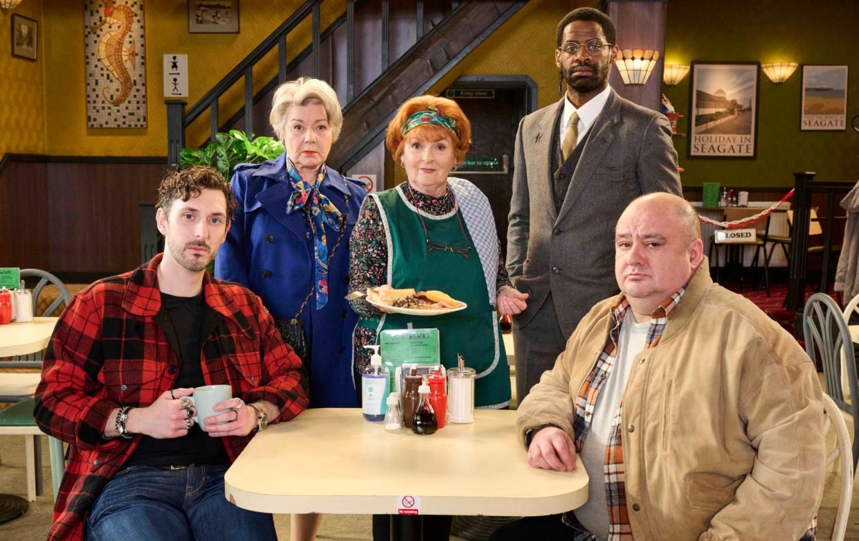 Blake Harrison, Barbara Flynn, Brenda Blethyn, Okorie Chukwu and Victor McGuire in Kate & Koji - Hat Trick Productions/Kevin Baker