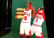 <p>Just Benny the Bull rubbing Rajon Rondo’s head while he holds a giant cheeseburger. (@RajonRondo on Twitter) </p>