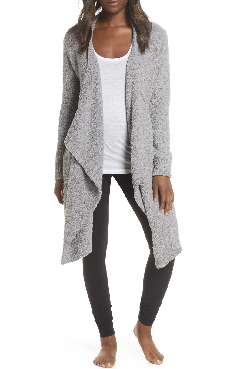 woman wearing black leggings, white shirt and grey UGG Phoebe Wrap Cardigan (photo via Nordstrom)