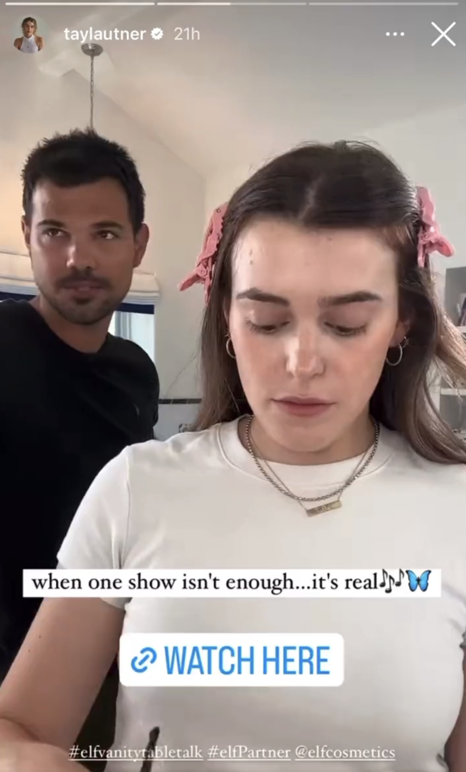 Taylor Lautner and Tay Lautner in a screenshot captioned, "when one show isn't enough, it's real"