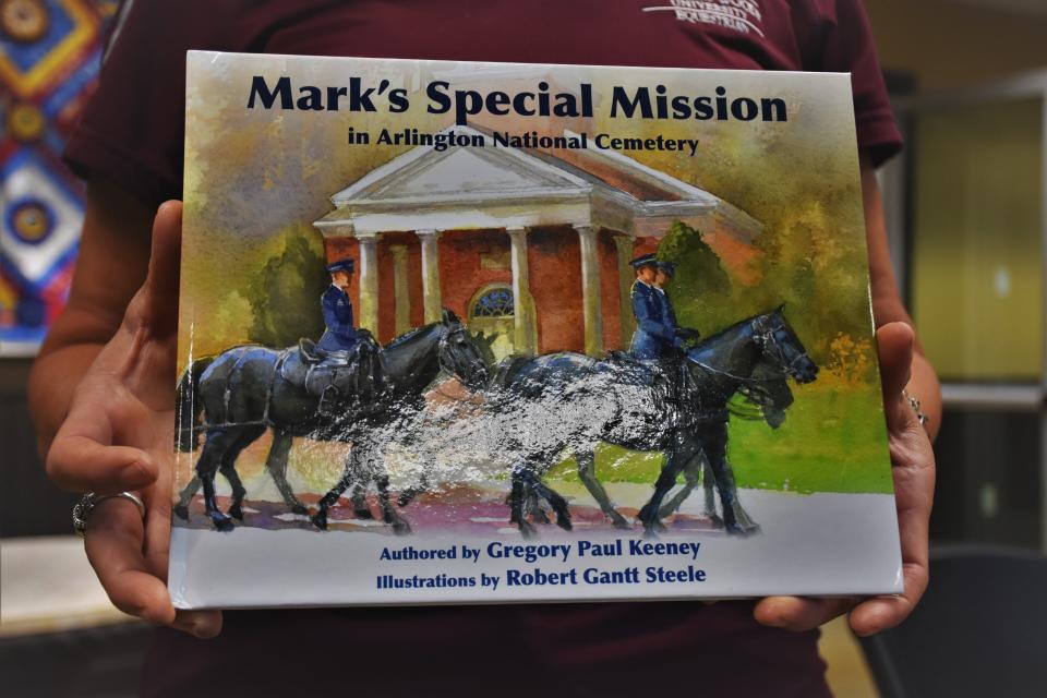 Mark, a former Caisson horse of the Old Guard at Arlington National Cemetery made a pit stop in Thompson's Station, Tenn. on Monday, Aug. 1, 2022. The deep-brown horse was on his way to begin the final chapter of his life in Missouri after 20 years of service to the United States and its fallen U.S. military personnel and veterans.