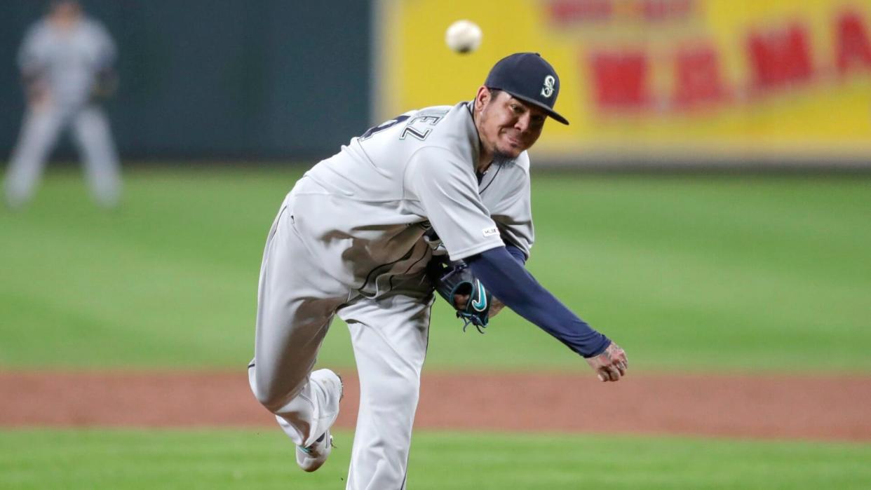 Mandatory Credit: Photo by Julio Cortez/AP/Shutterstock (10420705ai)Seattle Mariners starting pitcher Felix Hernandez throws a pitch to a Baltimore Orioles batter during the second inning of a baseball game, in BaltimoreMariners Orioles Baseball, Baltimore, USA - 20 Sep 2019.