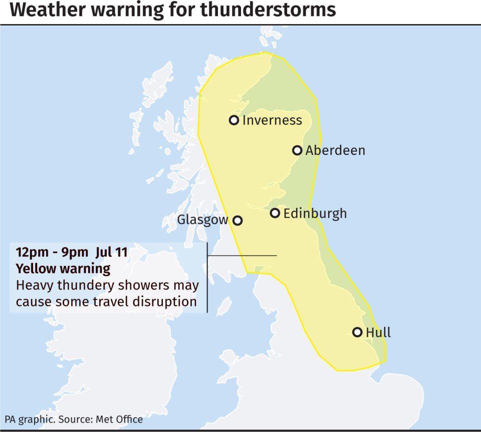 Forecasters have predicted widespread heavy rain on Thursday (PA)