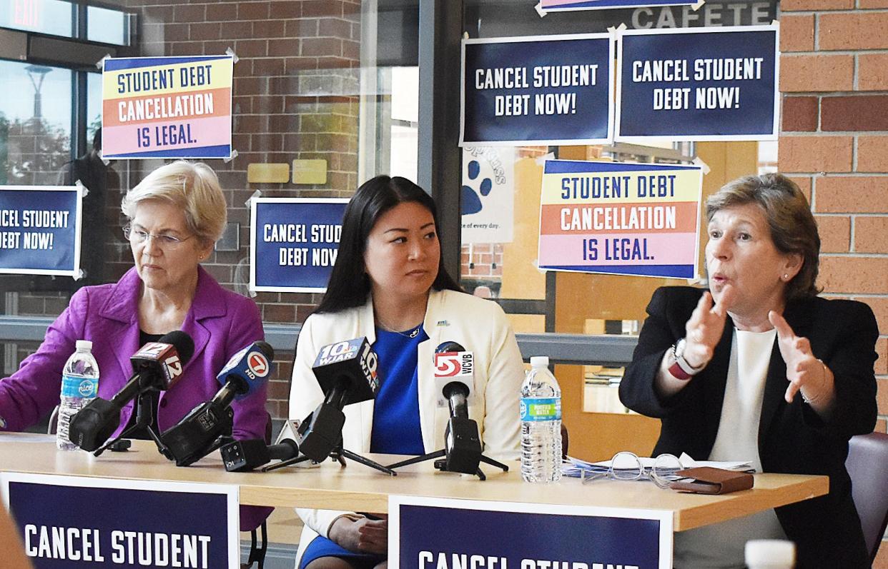 U.S. Senator Elizabeth Warren, Jessica Tang, President of AFT Massachusetts and Randi Weingarten, President of the American Federation of Teachers speak at Kuss Middle School Tuesday August 6, 2024.