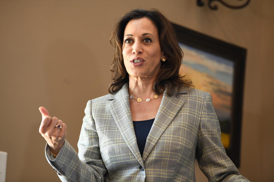Democratic presidential candidate Sen. Kamala Harris, D-Calif., addresses a crowd of several dozen women at a campaign event, Wednesday, May 29, 2019, in Greenville, S.C. (AP Photo/Meg Kinnard)