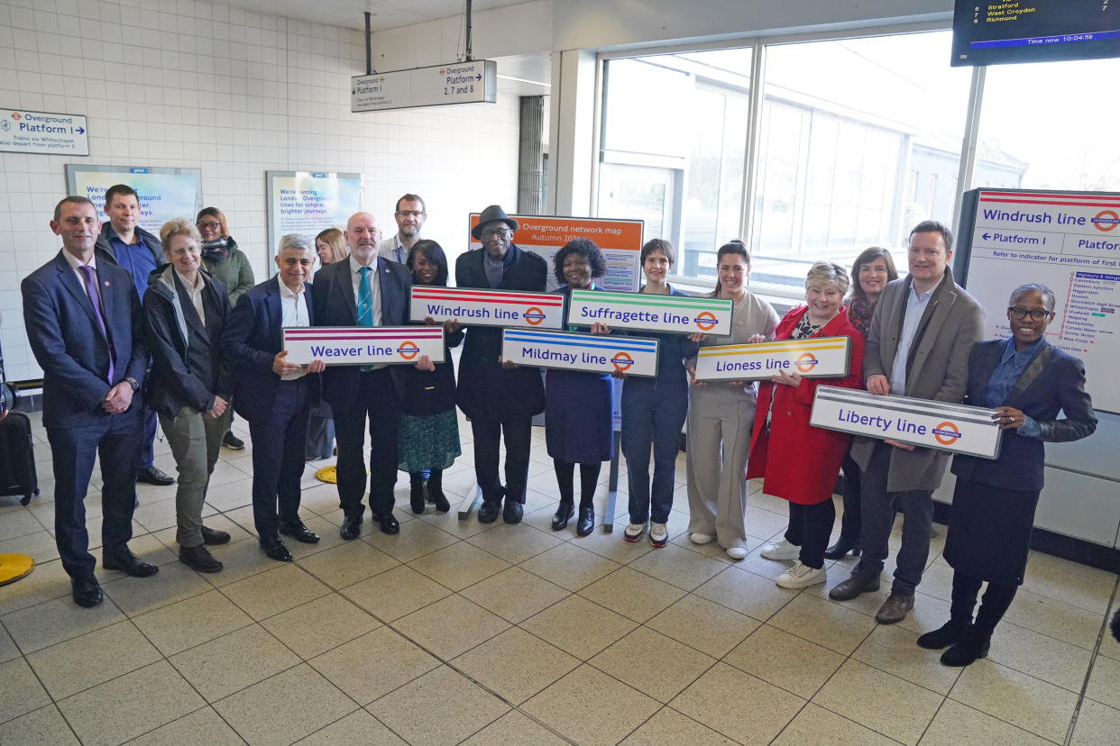 Mayor of London Sadiq Khan (third left) with representatives during a visit to Highbury and Islington underground station, north London, to announce that London Overground services will be split into separate lines, which will be given individual names and colours to make the network easier to navigate. The six lines will be named Lioness, Mildmay, Windrush, Weaver, Suffragette and Liberty. Picture date: Thursday February 15, 2024. (Photo by Jonathan Brady/PA Images via Getty Images)