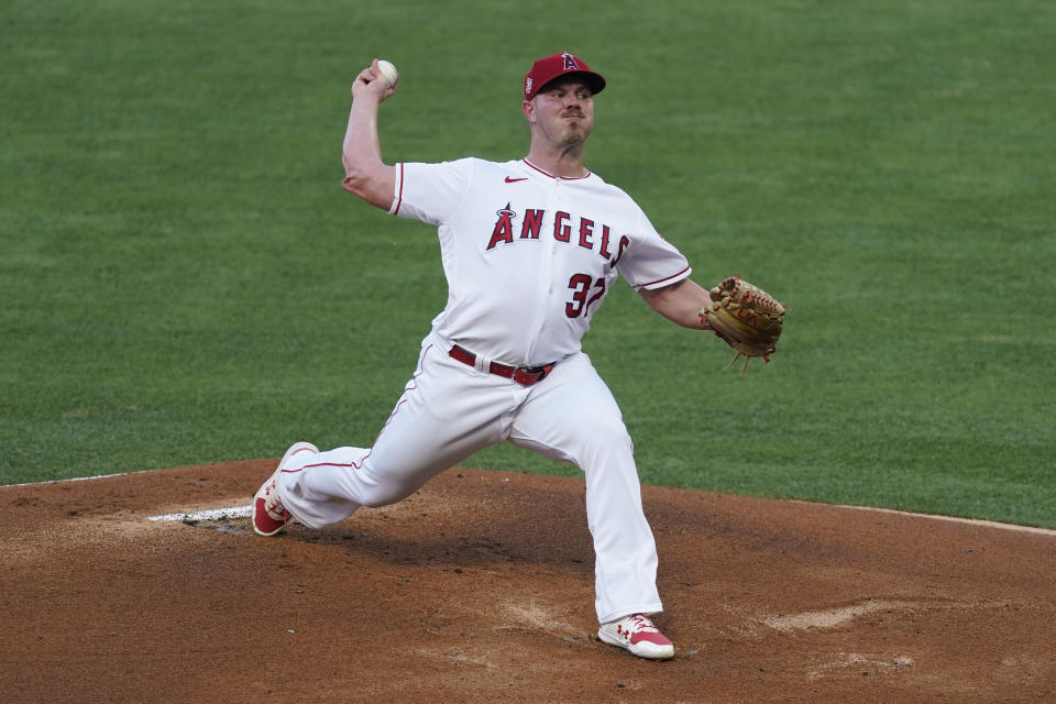 Los Angeles Angels starting pitcher Dylan Bundy (37) throws during the first inning of a baseball game against the Los Angeles Dodgers Saturday, May 8, 2021, in Anaheim, Calif. (AP Photo/Ashley Landis)