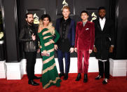 <p>Kirstin Maldonado of Pentatonix fame rocked a somewhat interesting striped green flowing gown. </p>