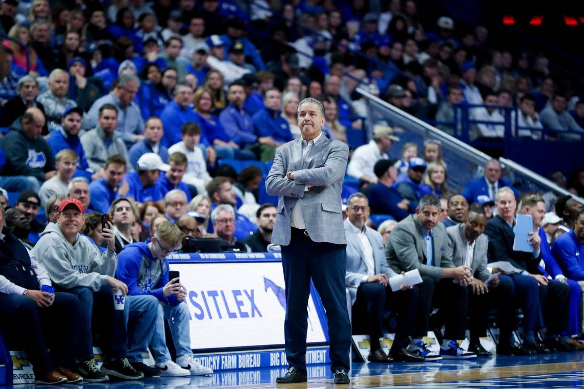 Kentucky head coach John Calipari watches from the sidelines during Thursday’s exhibition game against Kentucky State at Rupp Arena.