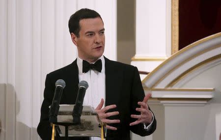 Britain's Chancellor of the Exchequer George Osborne speaks during the Bankers and Merchants Dinner at the Masion House in London, Britain June 10, 2015. REUTERS/Neil Hall