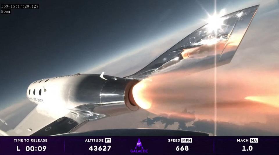 This still image taken from a video from Virgin Galactic on 10 August, 2023, shows the launch of Virgin Galactic’s space plane (Virgin Galactic/AFP via Getty Im)