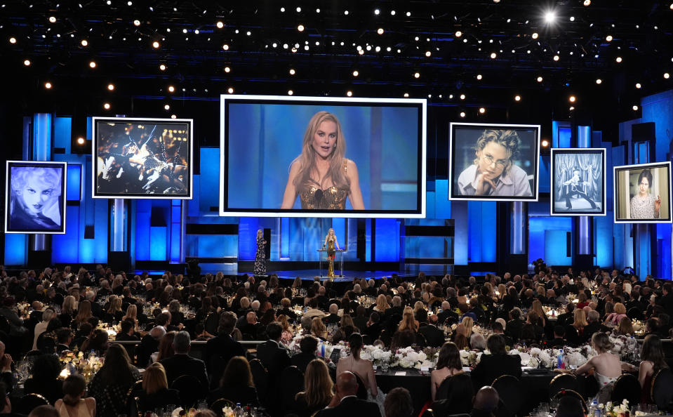 Honoree Nicole Kidman speaks from the stage during the 49th AFI Life Achievement Award tribute to her, Saturday, April 27, 2024, at the Dolby Theatre in Los Angeles. (AP Photo/Chris Pizzello)