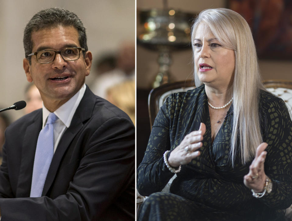 FILES - This combo of two file photos shows Pedro Pierluisi, left and Wanda Vazquez in San Juan, Puerto Rico. At left, Secretary of State Pedro Pierluisi attends his confirmation hearing at the House of Representatives on Aug. 2, 2019, and at right, Puerto Rico Gov. Wanda Vazquez gives an interview at La Fortaleza governor residence on Aug. 16, 2019. Both served as replacement governors in the wake of a Puerto Rican political crisis and are competing against each other for a chance to win the job in their own right as the disaster-struck U.S. territory holds primary elections on Sunday, Aug. 9, 2020. (AP Photo/Dennis M. Rivera Pichardo, Files)