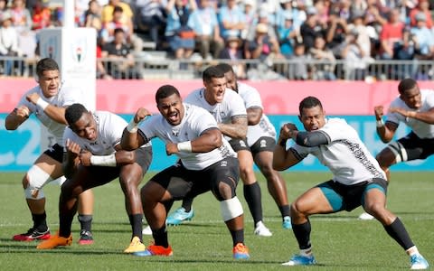 Fiji's players perform the Cibi ahead of their Rugby World Cup Pool D match against Uruguay in Kamaishi - Credit: AP