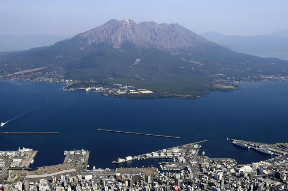 Volcano Sakurajima is seen on March 8, 2022, in Japan's southern prefecture of Kagoshima. Japan’s Meteorological Agency said a volcano on Japan’s southern main island of Kyushu erupted Sunday night, July 24, 2022, spewing ash and volcanic rocks, but there were no immediate reports of damage or injuries in nearby towns. (Kyodo News via AP)