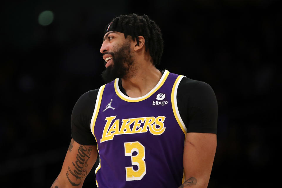LOS ANGELES, CALIFORNIA - FEBRUARY 16: Anthony Davis #3 of the Los Angeles Lakers looks on during the first quarter against the Utah Jazz at Crypto.com Arena on February 16, 2022 in Los Angeles, California. NOTE TO USER: User expressly acknowledges and agrees that, by downloading and or using this Photograph, user is consenting to the terms and conditions of the Getty Images License Agreement. (Photo by Katelyn Mulcahy/Getty Images)