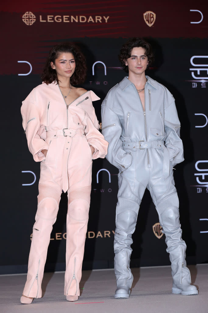 SEOUL, SOUTH KOREA - FEBRUARY 21: Actors Zendaya and Timothee Chalamet attend the "Dune: Part Two" press conference on February 21, 2024 in Seoul, South Korea. (Photo by Han Myung-Gu/WireImage)