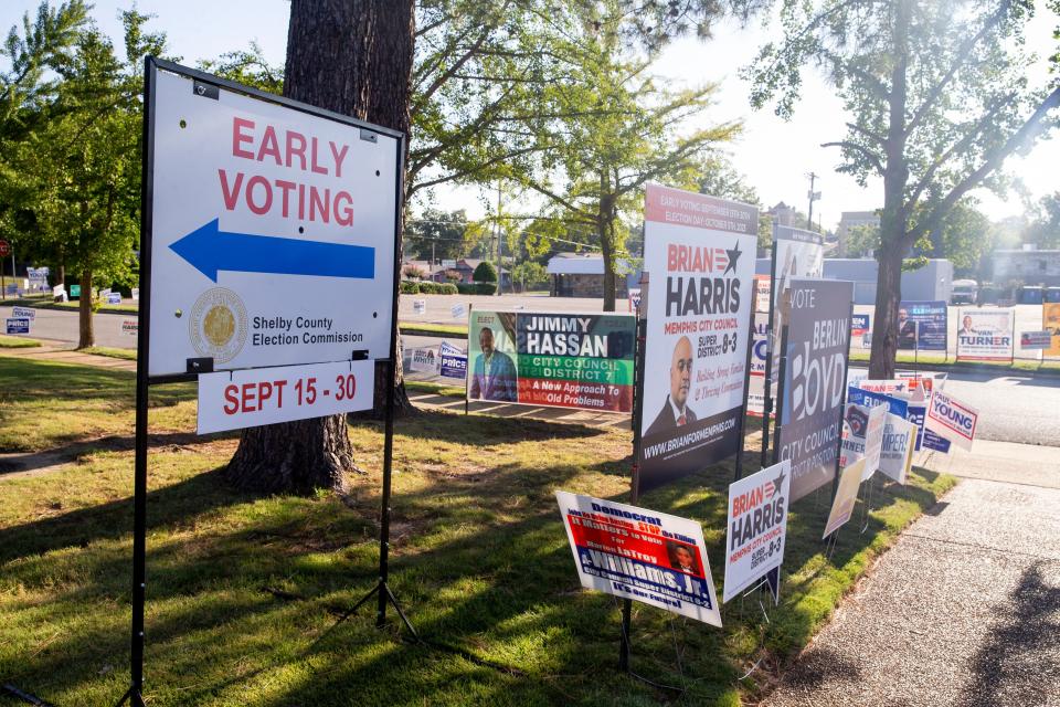 An early voting sign as well as signs for various mayoral and city council candidates can be seen outside of Missionary Boulevard Christian Church, which is an early voting site, in Memphis, Tenn., on Friday, September 15, 2023. Early voting runs from September 15-30.