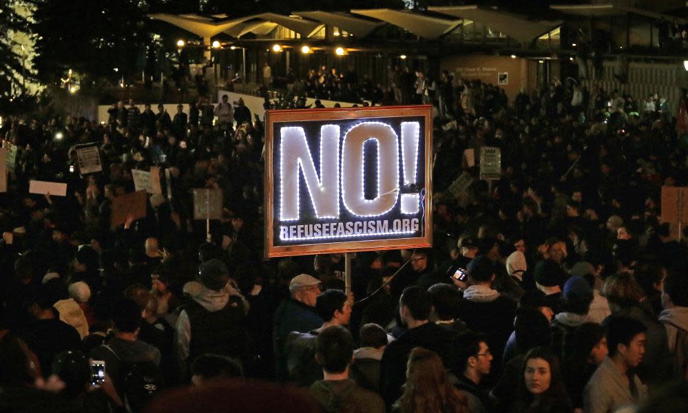 Protesters at the University of California, Berkeley, condemn a planned event featuring Milo Yiannopoulos.