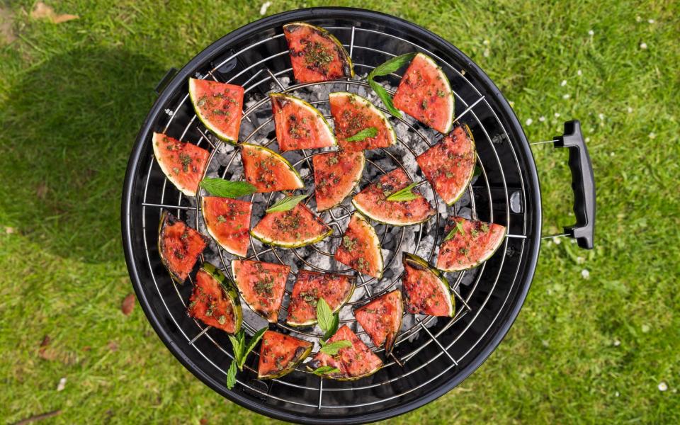 Barbecued watermelon with mint sugar and lime