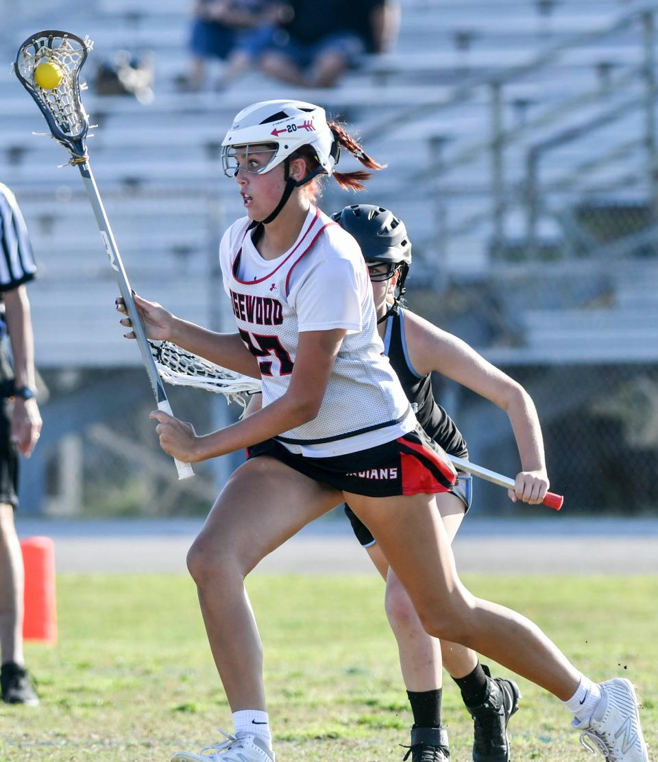 Lindsey Angermeier of Edgewood advances the ball during Tuesday's District 7-1A lacrosse semifinal game against Rockledge at Cocoa Beach Jr/Sr High. Craig Bailey/FLORIDA TODAY via USA TODAY NETWORK