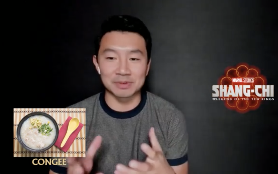 Simu Liu and Ronny Chieng, stars of Shang-chi And The Legend Of The Ten Rings, on what Singaporean dishes they would eat. One of the dishes Simu picked was congee.