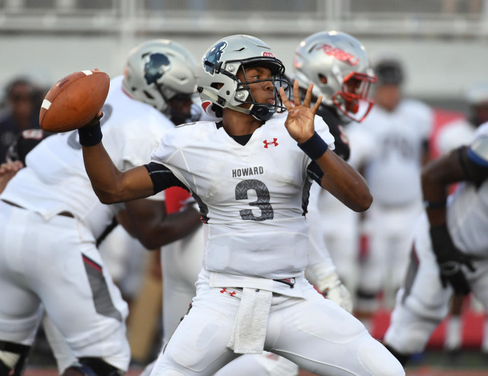 LAS VEGAS, NV - SEPTEMBER 02:  Quarterback Caylin Newton #3 of the Howard Bison throws against the UNLV Rebels during their game at Sam Boyd Stadium on September 2, 2017 in Las Vegas, Nevada. Howard won 43-40.  (Photo by Ethan Miller/Getty Images)