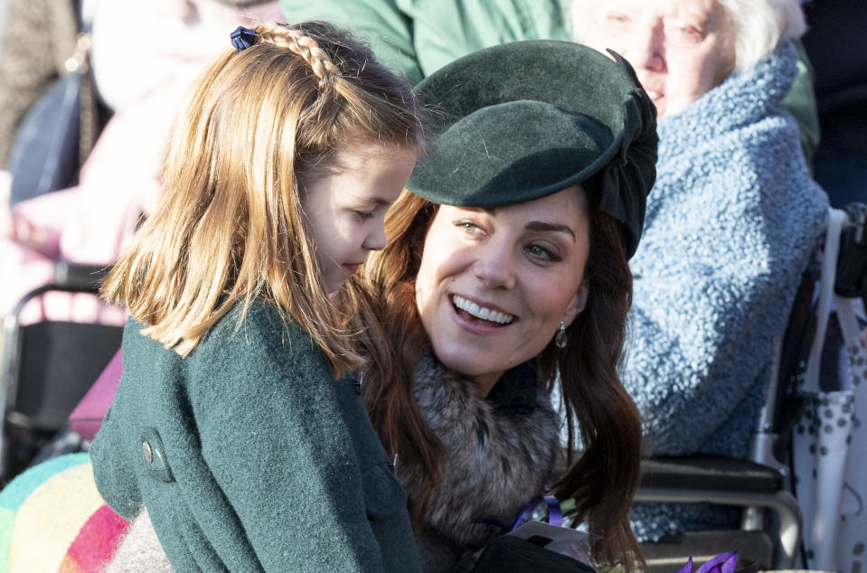 KING'S LYNN, ENGLAND - DECEMBER 25: Princess Charlotte of Cambridge and Catherine, Duchess of Cambridge attend the Christmas Day Church service at Church of St Mary Magdalene on the Sandringham estate on December 25, 2019 in King's Lynn, United Kingdom. (Photo by UK Press Pool/UK Press via Getty Images)