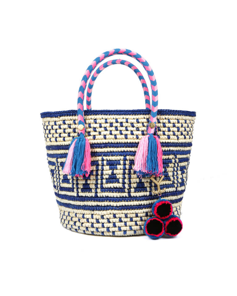 <p>Multi coloured hand woven bag, <a rel="nofollow noopener" href="https://www.yosuzi.com/collections/all/products/manya" target="_blank" data-ylk="slk:£345;elm:context_link;itc:0;sec:content-canvas" class="link ">£345</a></p>