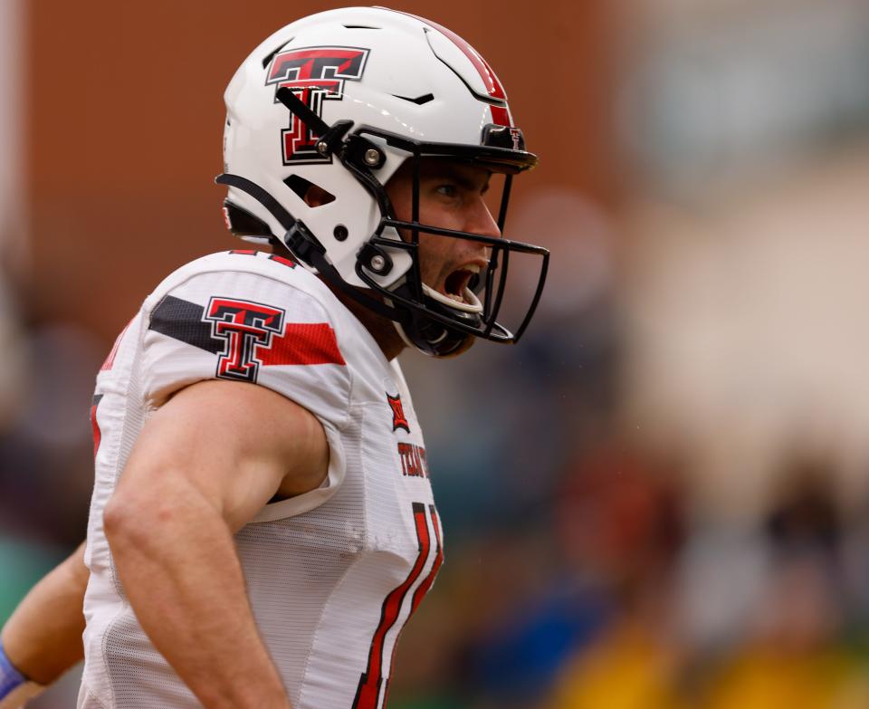 Texas Tech receiver McLane Mannix celebrates his 38-yard touchdown reception in the fourth quarter of the Red Raiders' 27-24 loss to No. 9 Baylor on Saturday in Waco.