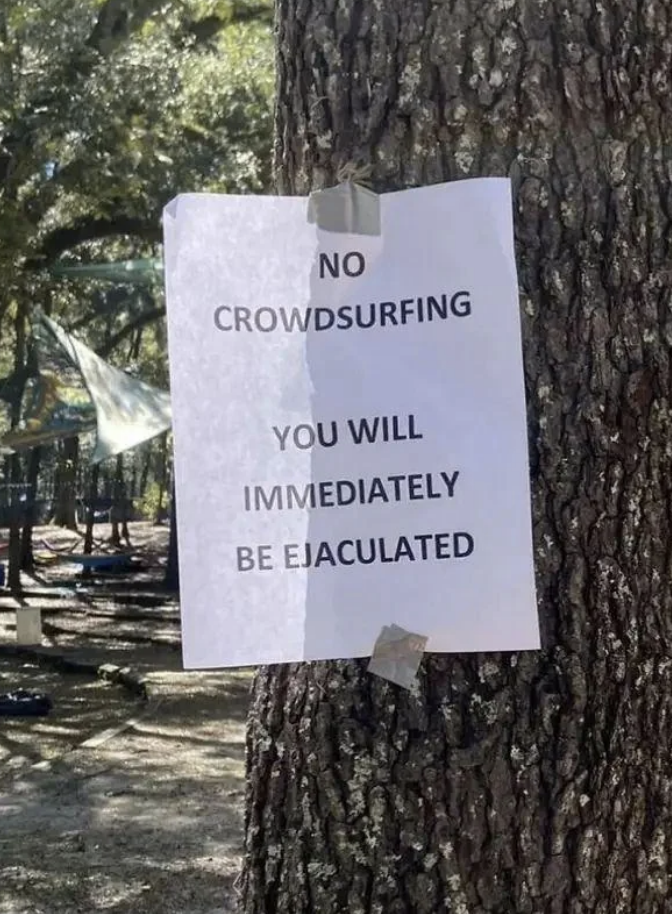 Sign taped to a tree reads: 