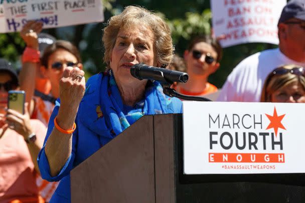 PHOTO: U.S. Rep. Jan Schakowsky speaks at a rally held by March Fourth near the U.S. Capitol in Washington on July 13, 2022, calling for universal background checks for guns and an assault weapons ban in the wake of continued mass shootings. (Bryan Olin Dozier/NurPhoto via Shutterstock)