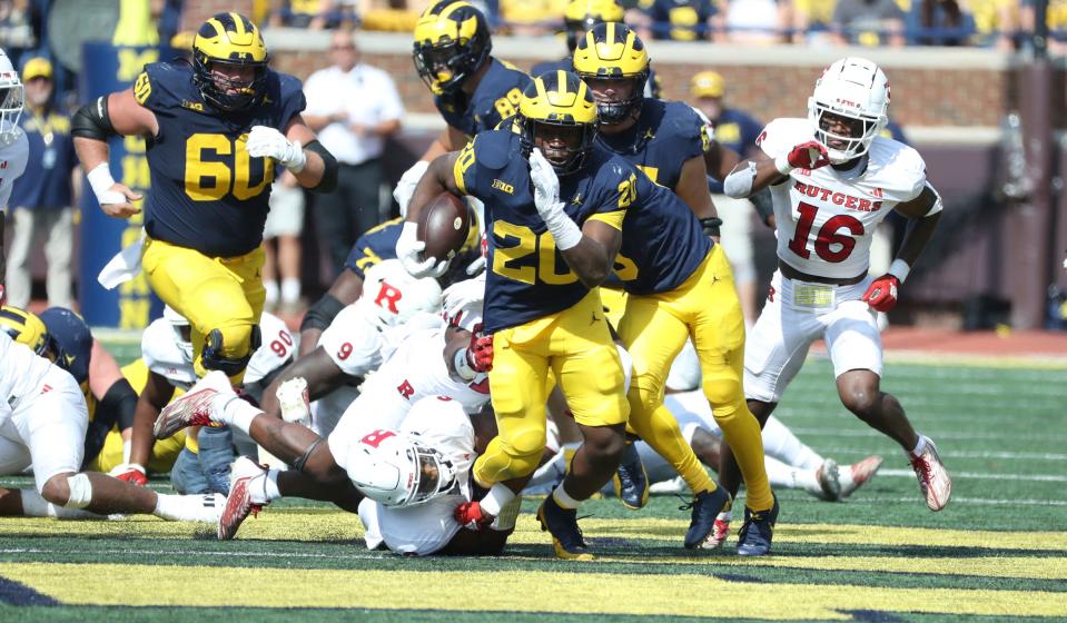 Michigan running back Kalel Mullings runs the ball against Rutgers during the second half of Michigan's 31-7 win on Saturday, Sept. 23 2023, in Ann Arbor.