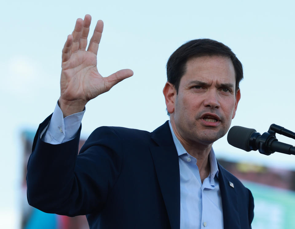 MIAMI, FLORIDA - NOVEMBER 06:  U.S. Sen. Marco Rubio (R-FL) speaks during a rally before the arrival of former U.S. President Donald Trump at the Miami-Dade Country Fair and Exposition on November 6, 2022 in Miami, Florida. Rubio faces U.S. Rep. Val Demings (D-FL) in his reelection bid in Tuesday's general election.  (Photo by Joe Raedle/Getty Images)