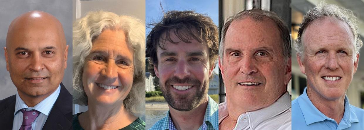 Candidates for two seats on the Barnstable Town Council: Jignesh Amin, left, Betty Ludtke and Jake Dewey (all vying for the Precinct 3 seat),  continuing from left, John Crow and Paul Cusack (vying for the Precinct 5 seat).