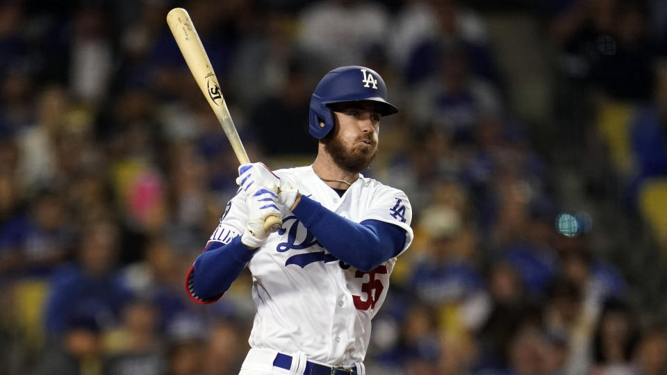 Los Angeles Dodgers' Cody Bellinger bats during a baseball game against the Colorado Rockies Saturday, Oct. 1, 2022, in Los Angeles. (AP Photo/Marcio Jose Sanchez)