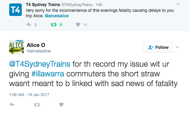 The Twitter exchange between Alice O and the local Sydney Trains account.