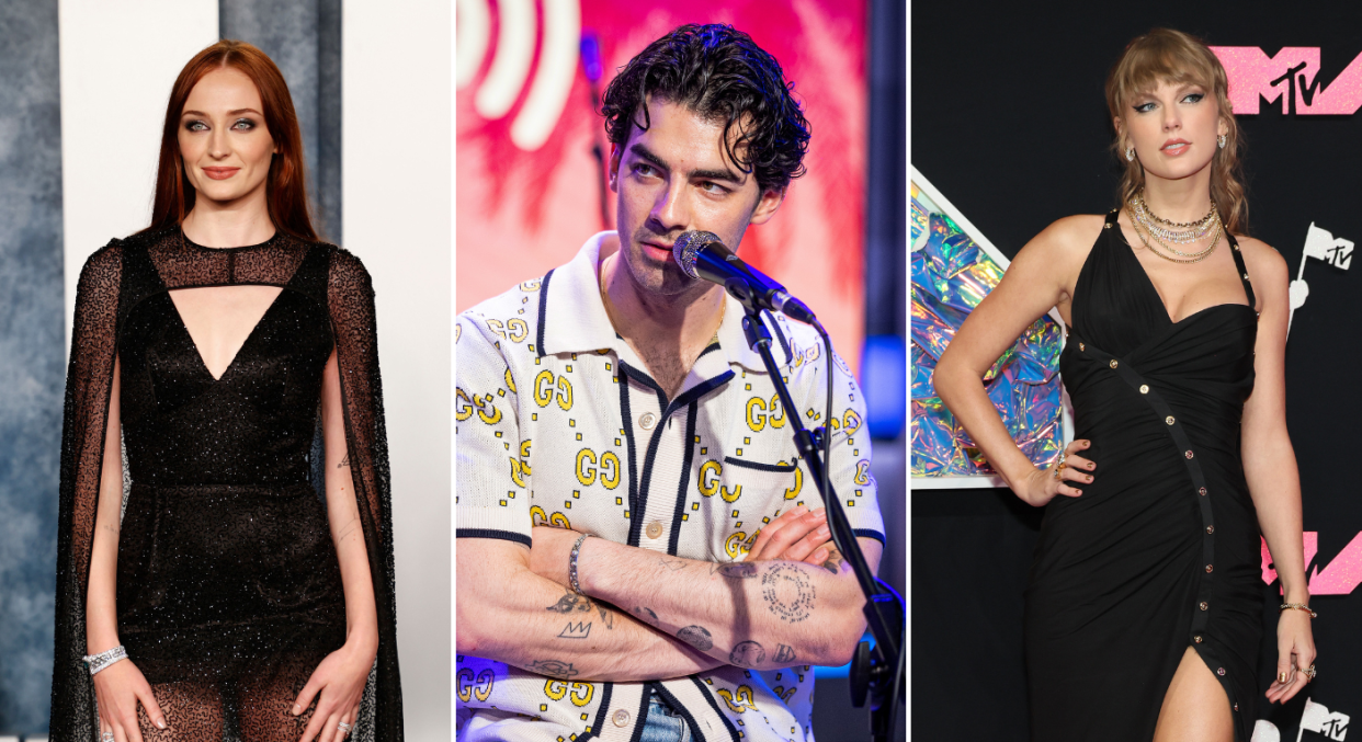 Fans were delighted to see Joe Jonas's (middle) ex-partners Sophie Turner (left) and Taylor Swift (right) having dinner with each other in New York. (Getty Images)