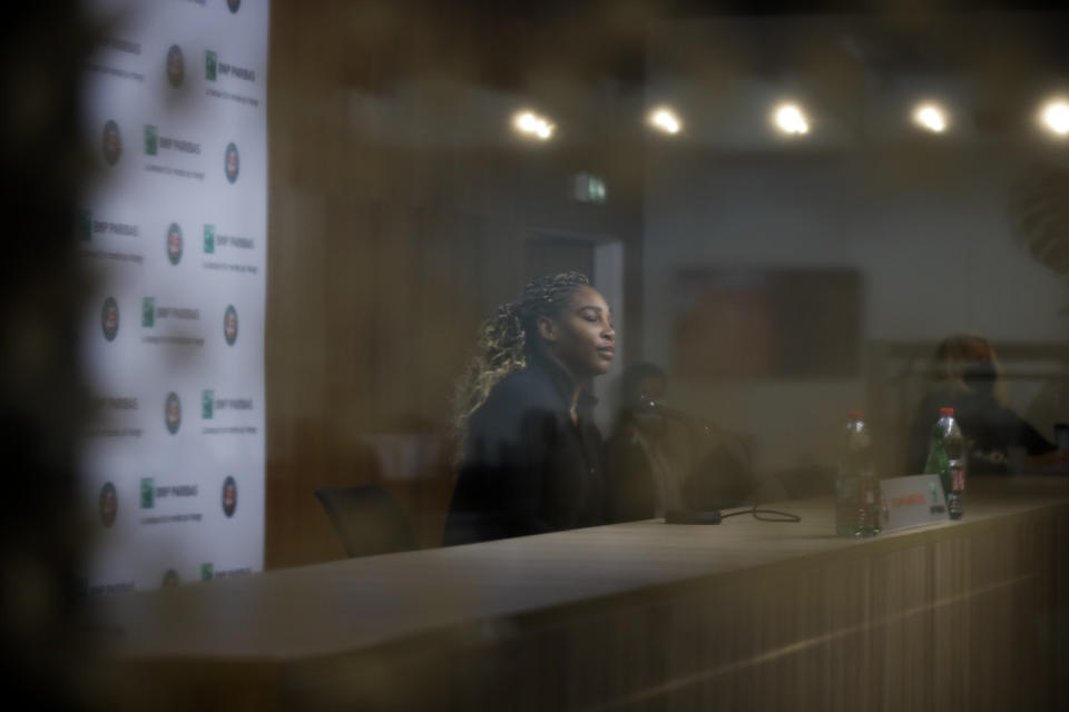 Serena Williams of the U.S., announces her withdrawal from the tournament because of an Achilles injury during a video link press conference prior to her second round match of the French Open tennis tournament at the Roland Garros stadium in Paris, France, Wednesday, Sept. 30, 2020. (AP Photo/Alessandra Tarantino)