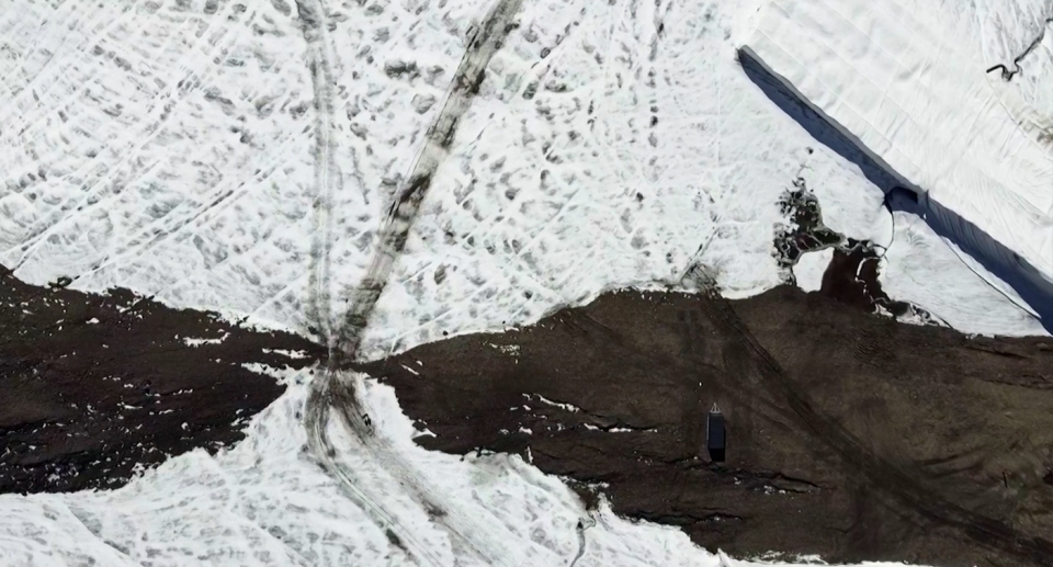 An aerial view of the Swiss glacier melted by a record-breaking weather event.